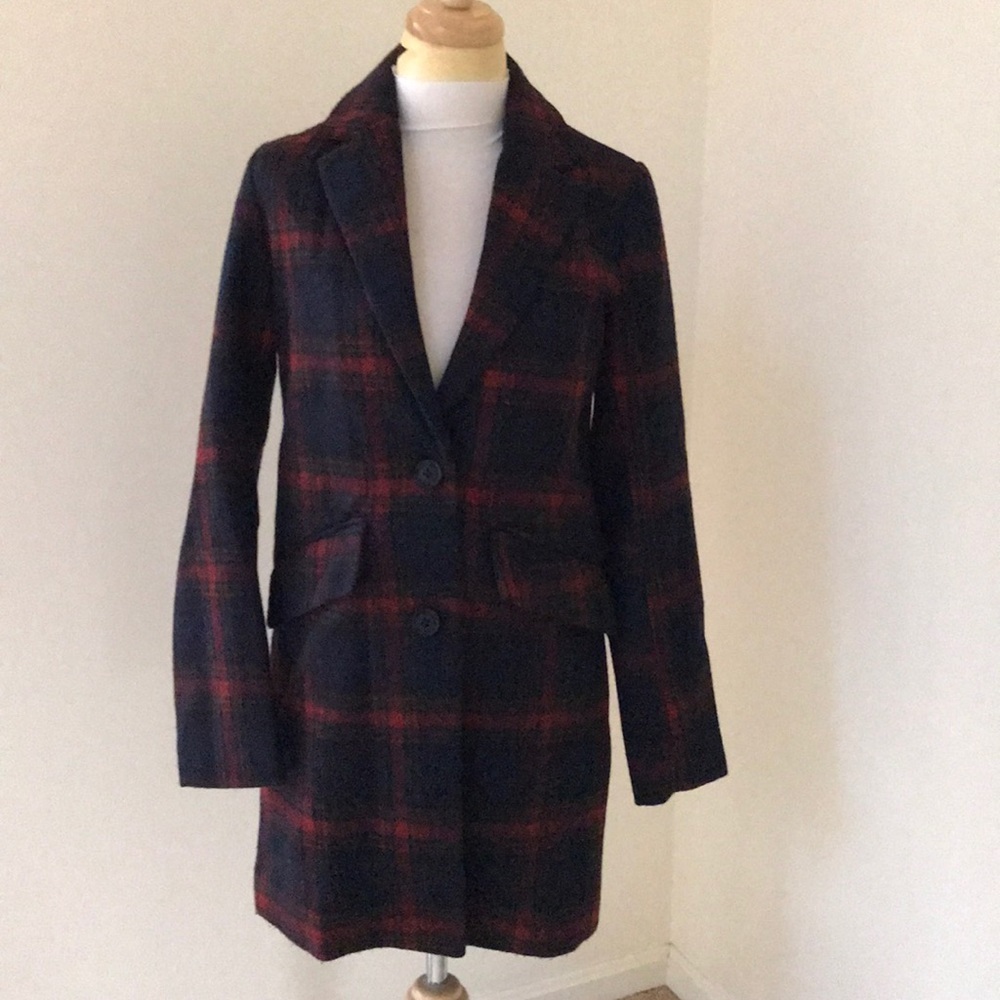 NWT! Bershka XS navy plaid straight cut peacoat.